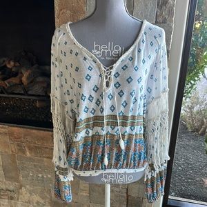 FREE PEOPLE white and blue and yellow fringe Tie Front Ruffled Blouse